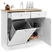 Costway Wooden Kitchen Trash Cabinet Tilt Out Bin Holder w/ Drawer & Storage Shelf - White - View 10