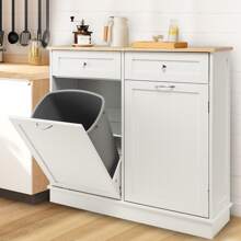 Costway Wooden Kitchen Trash Cabinet Tilt Out Bin Holder w/ Drawer & Storage Shelf - White - View 2