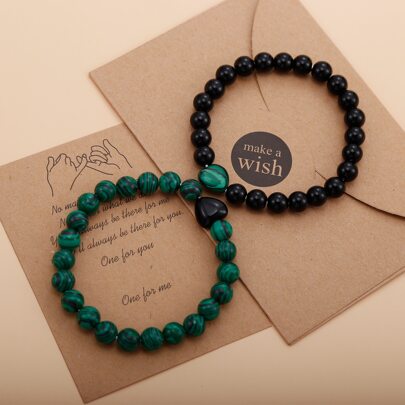 2 قطعة من الأساور المتوافقة ، سوار لها والمسافة من الأحجار الطبيعية والخرز للأزواج ، هدايا للأزواج ، بطاقة مجانية ومغلف