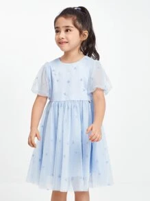 Annil 青少年女孩连衣裙夏季优雅圆领泡泡袖花朵刺绣轻薄网眼连衣裙蓝色 - 藍色 - 查看 1