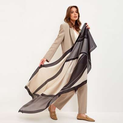 1入組女性經典幾何圖案黑色&白色緞絲綢圍巾髮箍