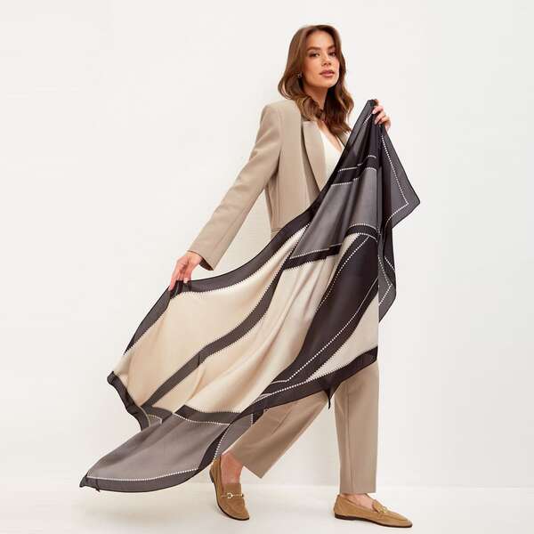 1入組女性經典幾何圖案黑色&白色緞絲綢圍巾髮箍