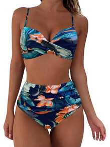 Women Two-Piece Bikini Set Exclusive Sexy Push-Up Random Floral Print Summer - Navy Blue - View 1