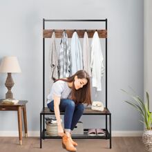 COSTWAY 3 in 1 Industrial Coat Rack Shoe Bench Hall Tree Entryway Storage Shelf w/ Hooks - màu nâu - Xem 1