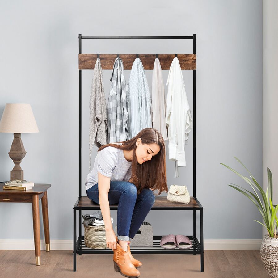 COSTWAY 3 in 1 Industrial Coat Rack Shoe Bench Hall Tree Entryway Storage Shelf w/ Hooks - màu nâu - Xem 1
