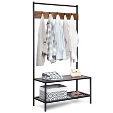 COSTWAY 3 in 1 Industrial Coat Rack Shoe Bench Hall Tree Entryway Storage Shelf w/ Hooks - màu nâu - Xem 2