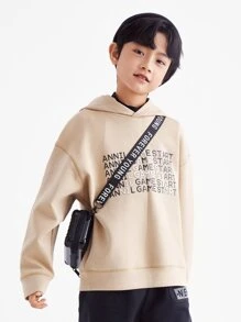 Annil 童装，男童连帽长袖卫衣，秋冬季青少年男童西式运动上衣 - 卡其色 - 查看 1