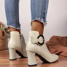 de mujeres Botines tacón alto grueso tacón punta redonda versátil de mujeres Botas - Beis - Ver 2