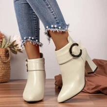 de mujeres Botines tacón alto grueso tacón punta redonda versátil de mujeres Botas - Beis - Ver 3