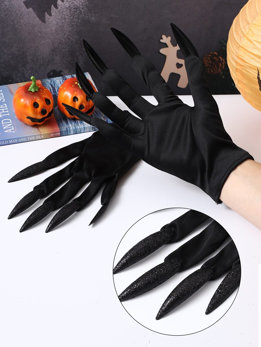 1組2入組萬聖節派對服飾配件組-鬼魂主題指甲手套,配金色亮片,黑色