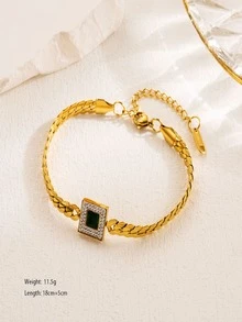 1 件綠色水鑽鑲嵌不銹鋼手鍊女式,歐美簡約設計,時尚配飾,不褪色