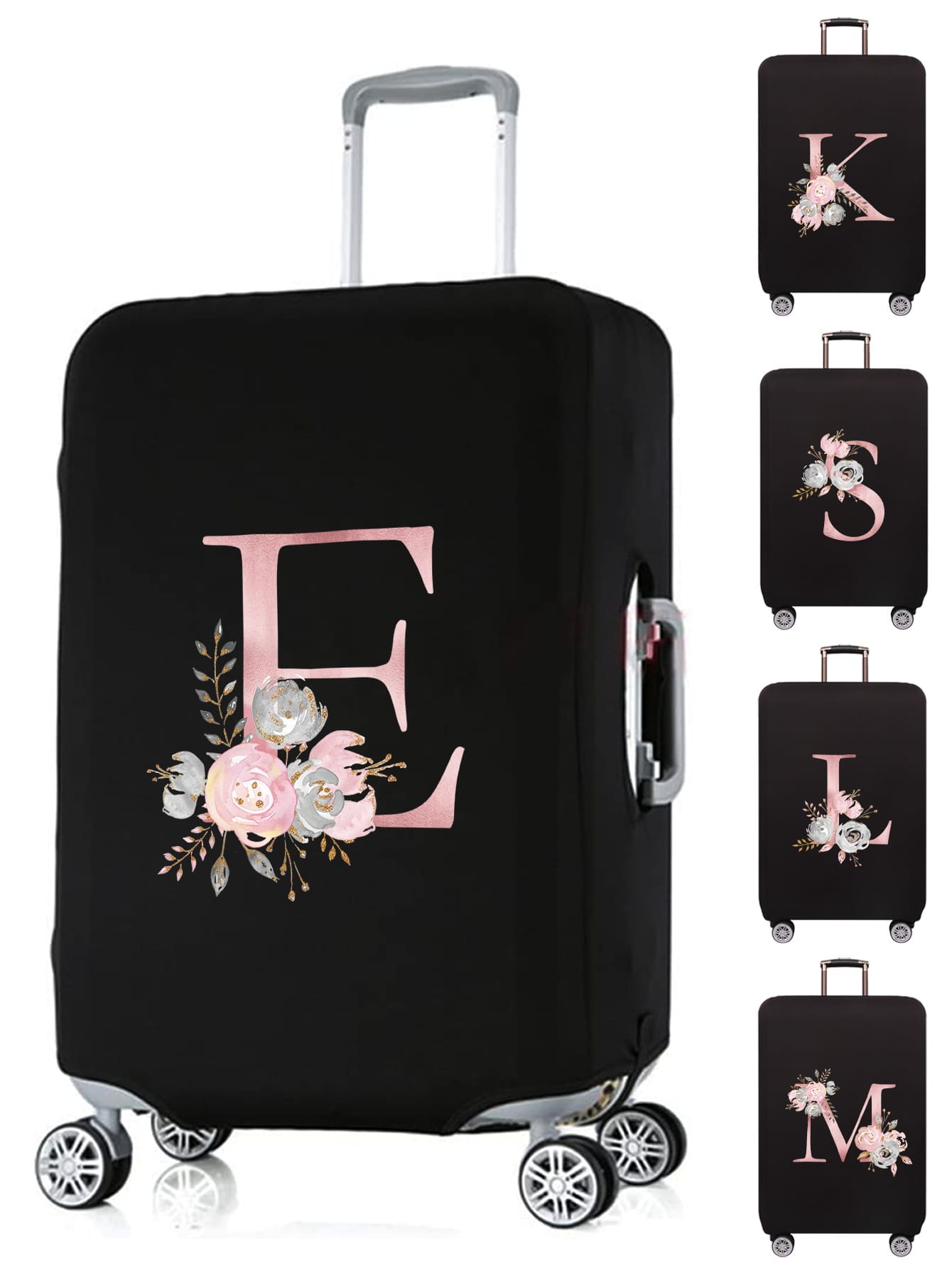 Housse de protection pour valise avec lettres E à fleurs roses, anti-poussière, résistante aux rayures, applicable aux accessoires de valise de 18 à 32 pouces, housse de protection pour bagages - Noir - Voir 1