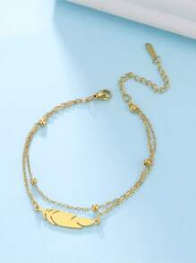 1pc Women's Stainless Steel Feather & Lightning Pendant Double Layer Anklet, Fashionable Summer Vacation Accessory - Gold - View 2
