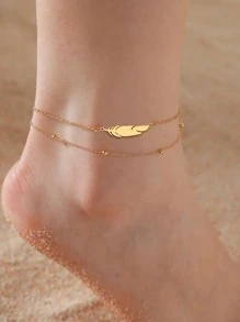 1pc Women's Stainless Steel Feather & Lightning Pendant Double Layer Anklet, Fashionable Summer Vacation Accessory - Gold - View 1