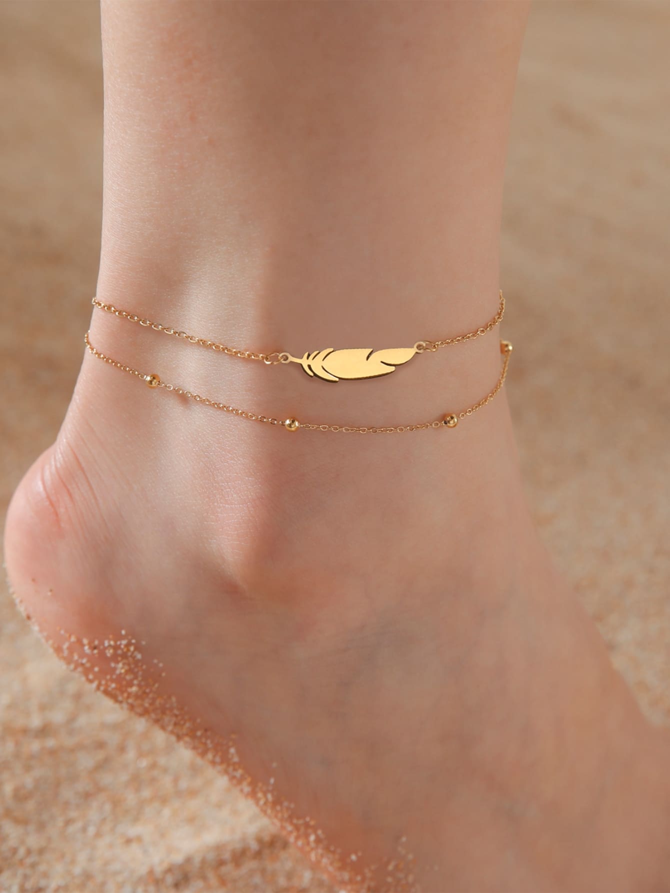 1pc Women's Stainless Steel Feather & Lightning Pendant Double Layer Anklet, Fashionable Summer Vacation Accessory - Gold - View 1