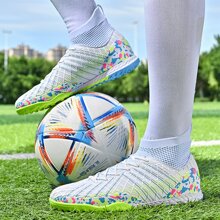 Men's High Top Soccer Shoes With Geometric Pattern Design Ronaldo  Cleats - White - View 1