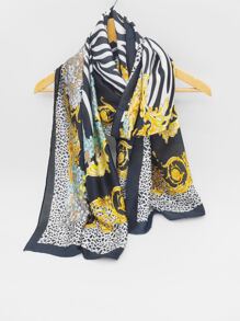1pc Zebra Striped And Leopard Printed Palace Style Scarf/shawl, Suitable For Daily Wear - Multicolor - View 1