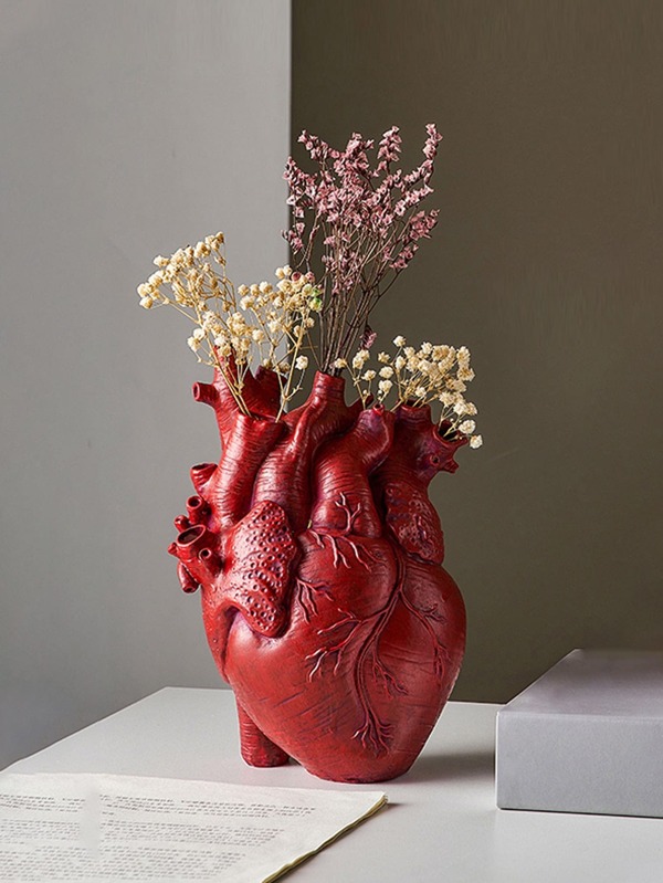 1pc Polyresin Flower Vase, Creative White Heart Organ Design Vase For