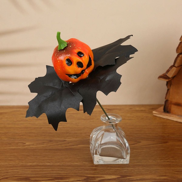 1 pièce Bouquet artificiel de feuilles d'érable automnales noires avec crâne et citrouille, couronne d'érable automnale pour la décoration d'Halloween et Thanksgiving