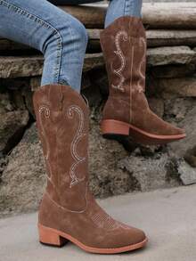 Botas vaqueras de estilo europeo y americano para mujer, nuevas llegadas del otoño de 2023 Botas sobre la rodilla - Bronce - Ver 3