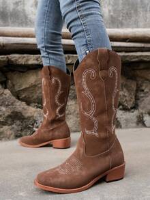 Botas vaqueras de estilo europeo y americano para mujer, nuevas llegadas del otoño de 2023 Botas sobre la rodilla - Bronce - Ver 5