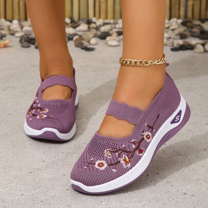 New Spring Summer Floral Embroidery Mesh Breathable Comfortable Slip-On Women's Sneakers, Soft Non-Slip Sole Casual Shoes For Women
