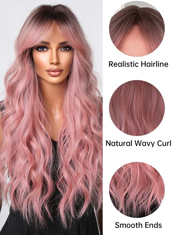 Long Straight Hair 26 inch Multicolour Pink Long Curly Synthetic Wig With Bangs Women Woven Wigs