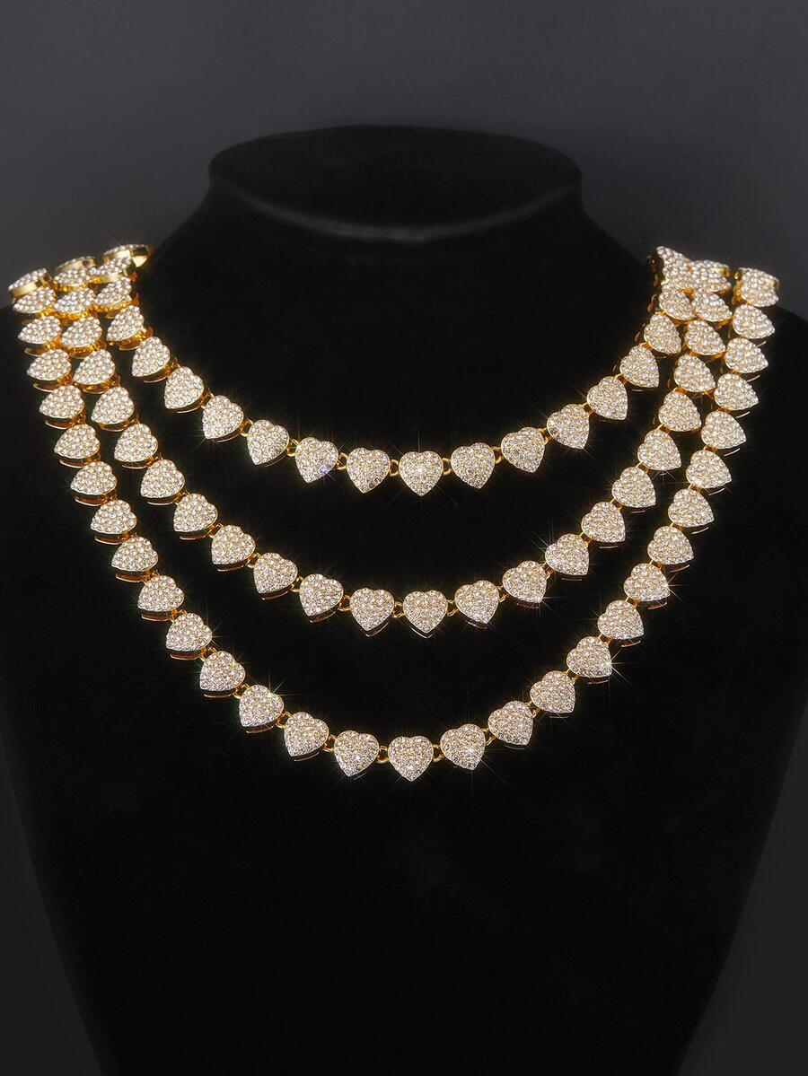 1 pieza 45cm o 50cm hielo Y2K con diamante de imitación con corazón Collar para hombres lujo punk Bisutería de hombres enlace con cadena para calle regalo de fiesta - Amarillo Oro - Ver 1