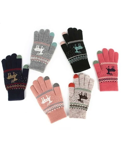 1對男女通用鹿設計多色針織保暖秋季手套