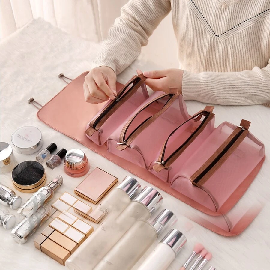 Bolsa de maquillaje de malla plegable, 1 pieza de gran capacidad, impermeable y transpirable, bolsa de aseo de moda con divisor, organizador de cosméticos multifuncional, estuche portátil para lápices labiales, pinceles, teléfono móvil, monedas, para uso doméstico, viajes y escuela, bolsa de maquillaje, bolsa de aseo, bolsa de cuidado de la piel, bolsa de viaje, cubos de embalaje, artículos esenciales de viaje, artículos esenciales de crucero, organizador de maquillaje, estuche de maquillaje, organizador de aseo de viaje, regalos esenciales, accesorios con cremallera