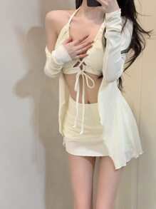 女士比基尼套装 2023 新款分体防紫外线长袖罩衫性感纯色吊带比基尼套装沙滩装白色夏日海滩