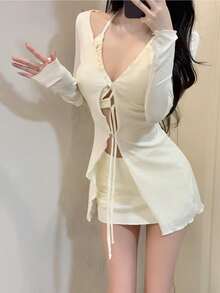 女士比基尼套装 2023 新款分体防紫外线长袖罩衫性感纯色吊带比基尼套装沙滩装白色夏日海滩