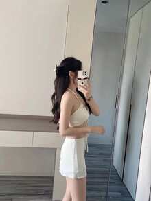 女士比基尼套装 2023 新款分体防紫外线长袖罩衫性感纯色吊带比基尼套装沙滩装白色夏日海滩