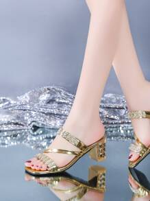 女性方頭拖鞋涼鞋,鑲嵌鑽石粗跟,休閒時尚,尺碼從歐洲35號到42號 - 金色 - 查看 8