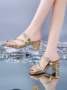女性方頭拖鞋涼鞋,鑲嵌鑽石粗跟,休閒時尚,尺碼從歐洲35號到42號 - 金色 - 查看 3