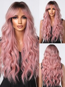 Long Wavy Synthetic Wig 28 Inch Ombre Pink Wigs For Women Middle Part Wig With Dark Brown Roots Natural Heat Resistant Hair Wig For Party Halloween Daily Use