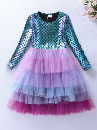 Young Girl Mermaid Scale Print Long Sleeve Christmas Party Birthday Cake Dress, Random Scale Direction, Suitable For Toddler & Kid, Autumn