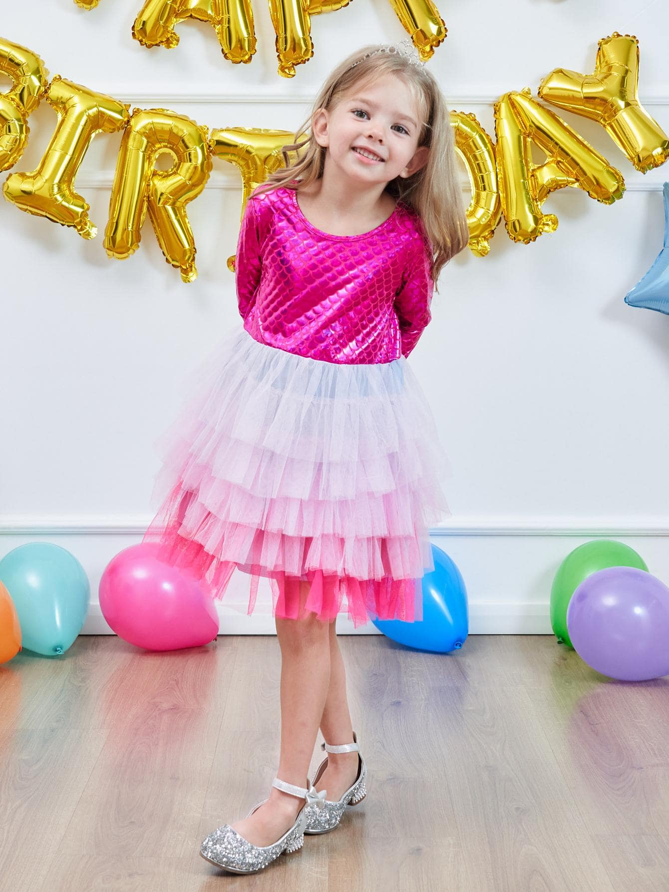 Toddler Girls Fish Scales Embossed Colorblock Layered Mesh Hem Party