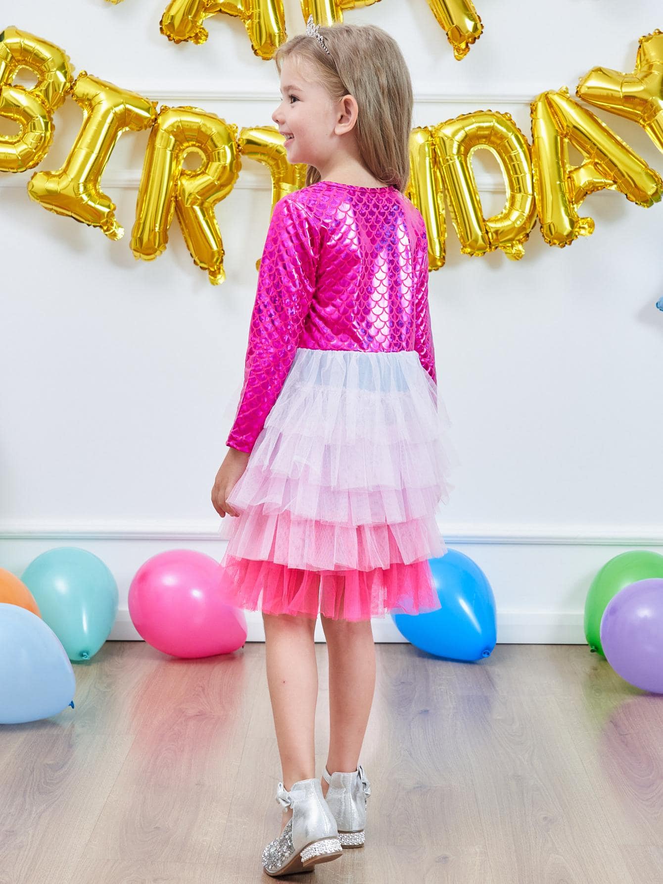 Toddler Girls Fish Scales Embossed Colorblock Layered Mesh Hem Party