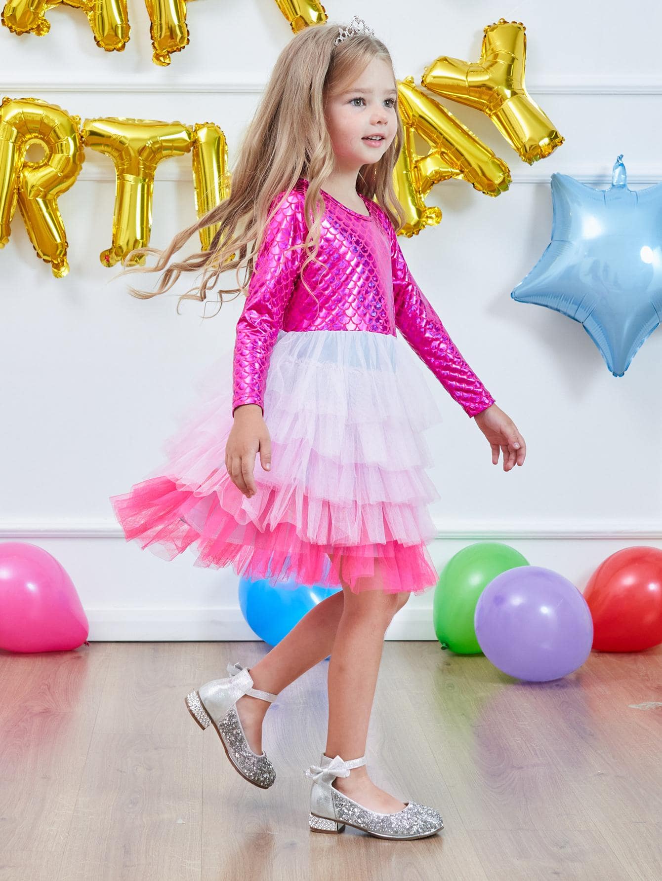 Toddler Girls Fish Scales Embossed Colorblock Layered Mesh Hem Party