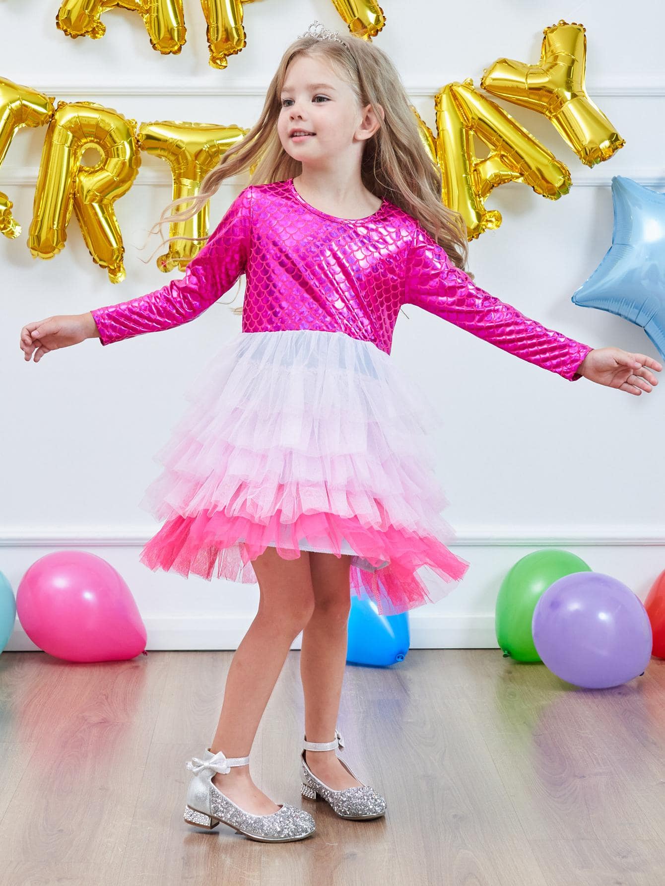 Toddler Girls Fish Scales Embossed Colorblock Layered Mesh Hem Party