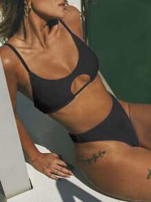 New Sexy Hollow-Out Two-Piece Swimwear For Women, Solid High Waist Bikini With Padded Bras, Vacation Outfits - Black - View 4