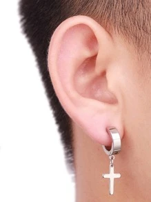 1pc Men's Stainless Steel Cross Shaped Drop Earring - Silver - View 1