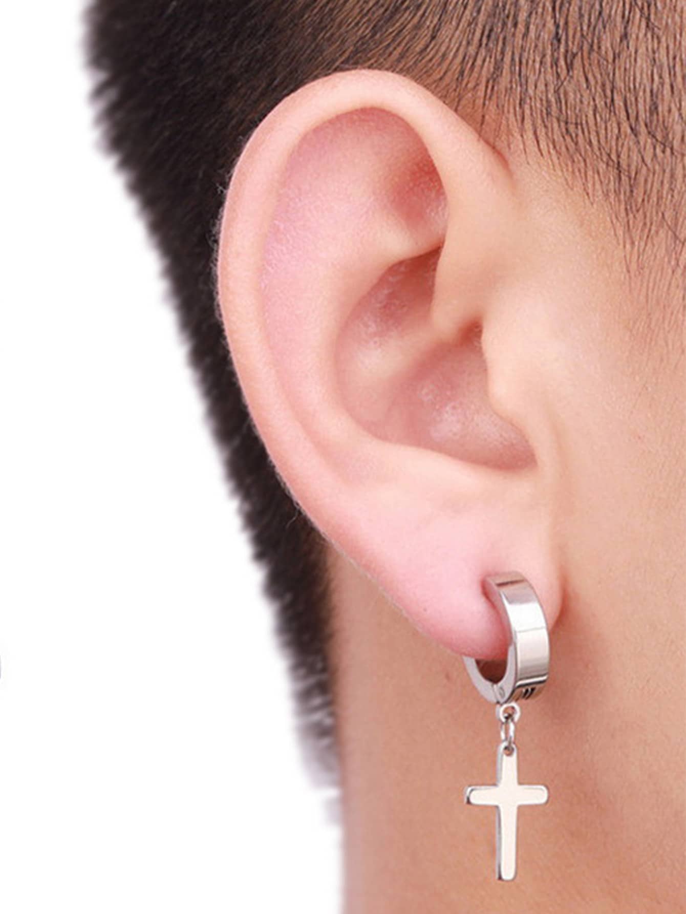 1pc Men's Stainless Steel Cross Shaped Drop Earring - Silver - View 1
