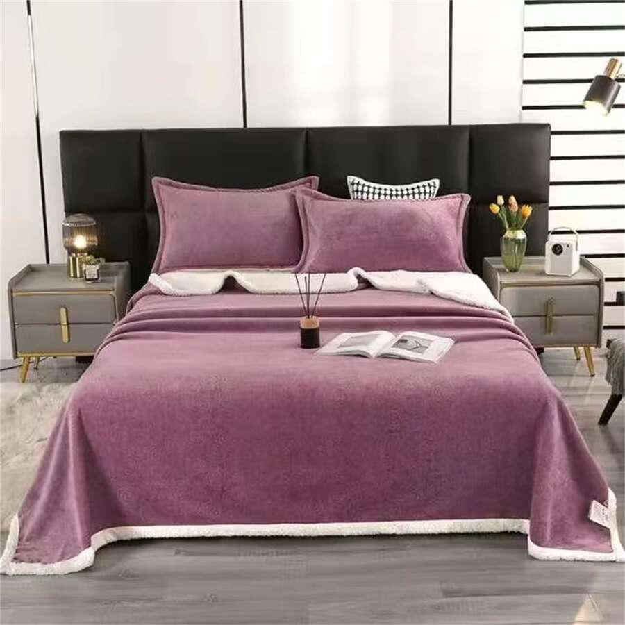 1pc Solid Color Thickened Lamb Fleece Blanket With Hidden Floral Pattern, Soft Cozy Bedding Blanket - Purple - View 1