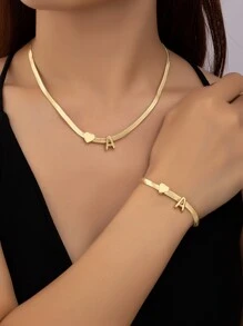 1入組簡約風金屬質感Love&字母手鏈&1入組鏈條樣式項鍊 - 金黃色 - 查看 1