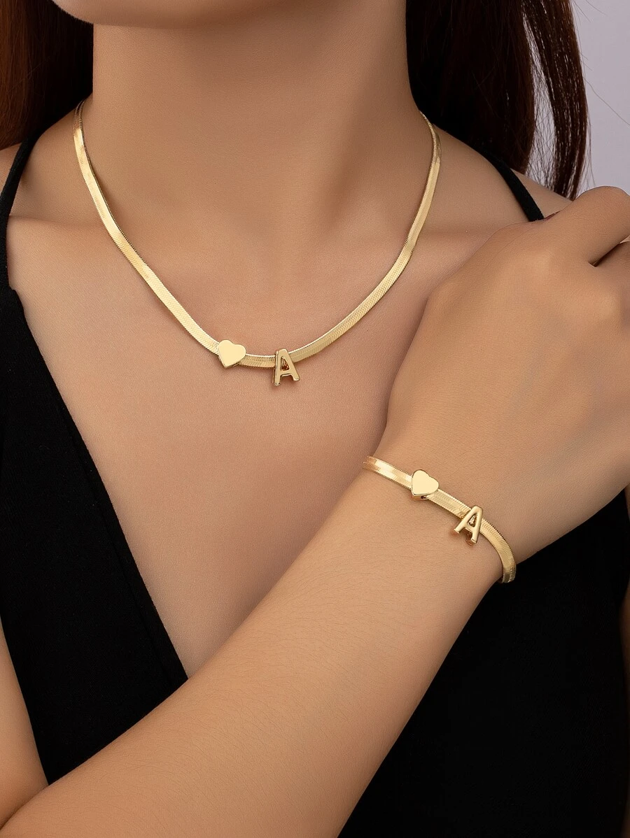 1入組簡約風金屬質感Love&字母手鏈&1入組鏈條樣式項鍊 - 金黃色 - 查看 1