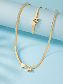 1入組簡約風金屬質感Love&字母手鏈&1入組鏈條樣式項鍊 - 金黃色 - 查看 4