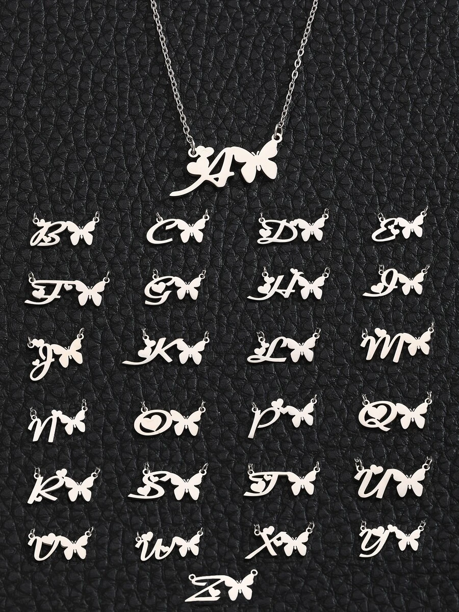 1入組女孩時尚精美蝴蝶&首字母吊墜項鍊不銹鋼首飾類適用於朋友生日禮物日常裝飾 - 銀色 - 查看 1