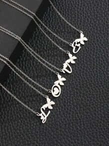 1入組女孩時尚精美蝴蝶&首字母吊墜項鍊不銹鋼首飾類適用於朋友生日禮物日常裝飾 - 銀色 - 查看 2